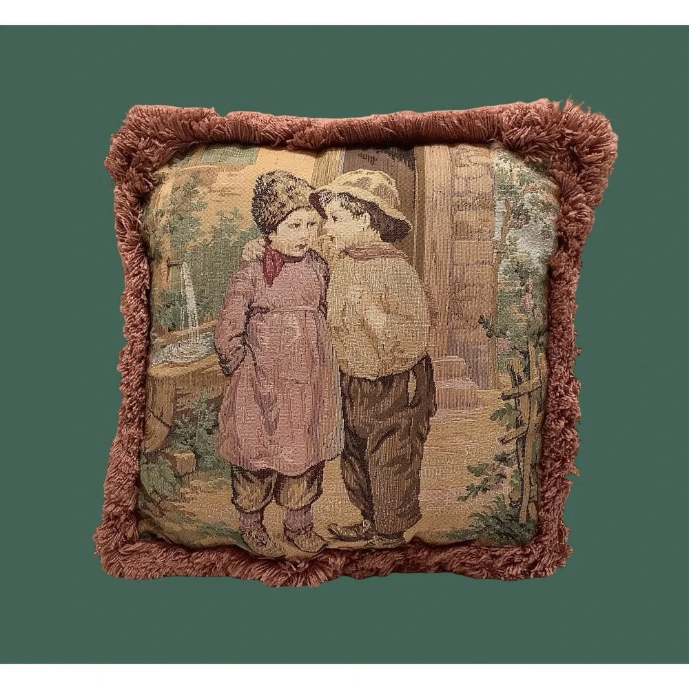 Vintage Pink Needlepoint Pillow Children Puppy Love 9x9 Romantic Shabby Chic